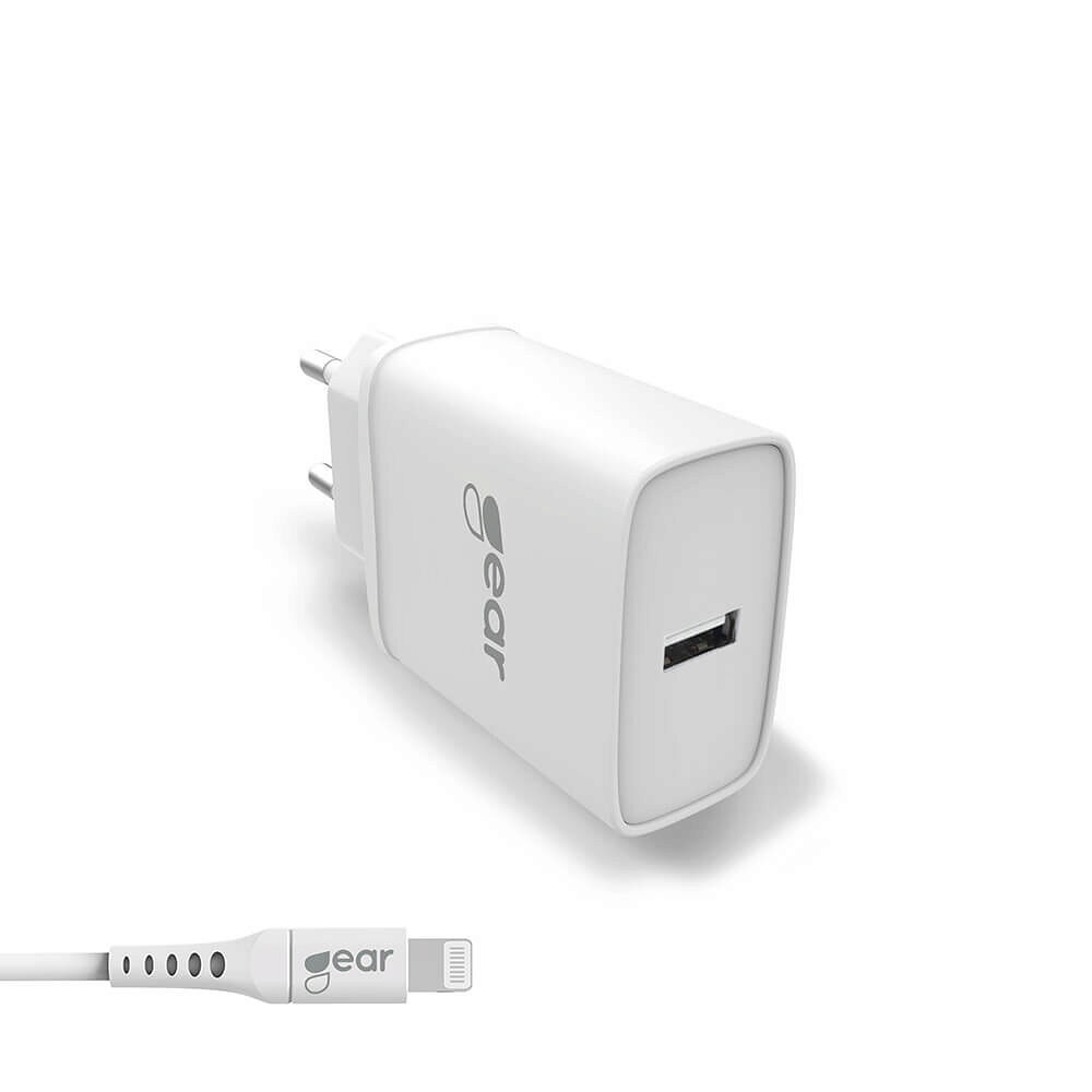 GEAR Laddare 220V 1xUSB-A 2,4A Vit Lightning Kabel 1m MFI C89