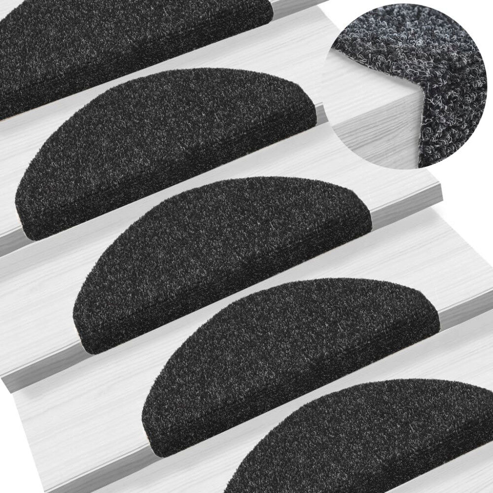 vidaXL Trappmattor självhäftande 15 st 65x21x4 cm svarta halvrunda stora