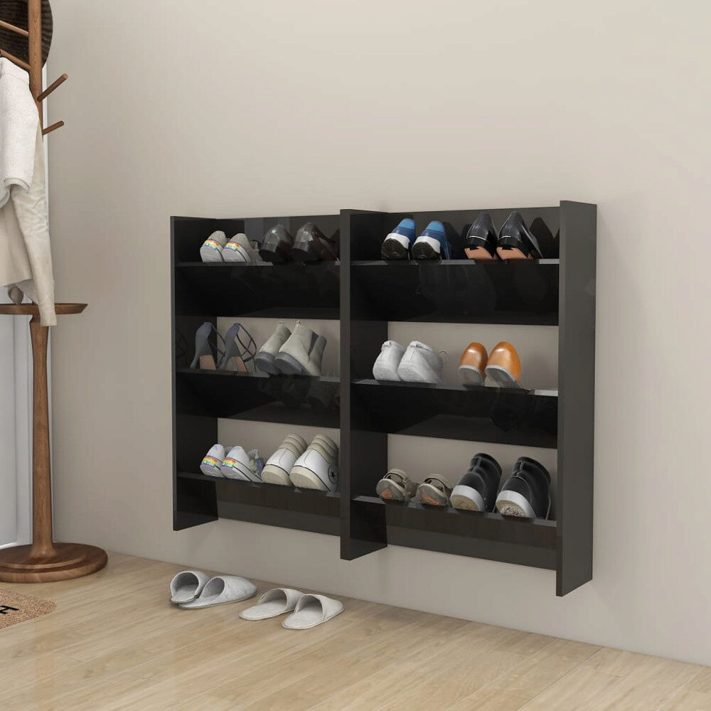 vidaXL Väggmonterat skoställ 2st svart högglans 60x18x9 cm konstr. trä