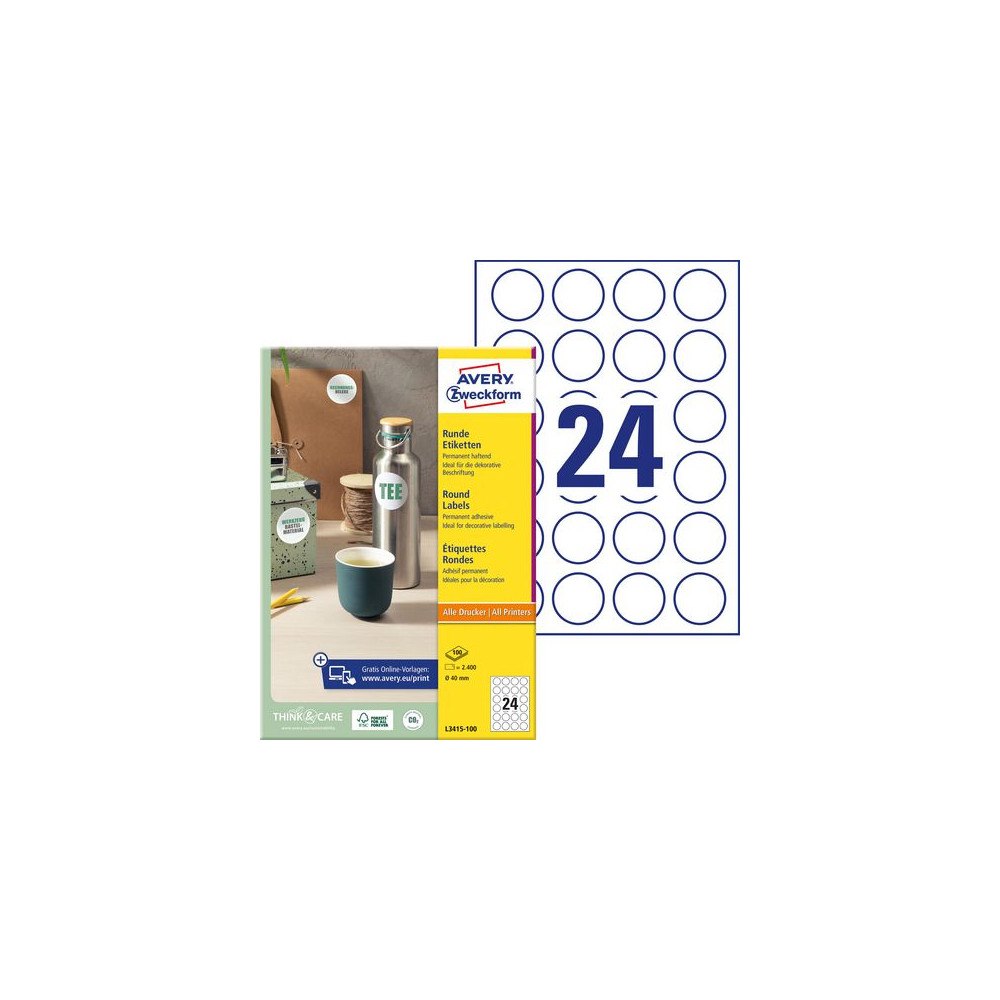 AVERY Etikett AVERY avtagb rund 40mm 2400/fp