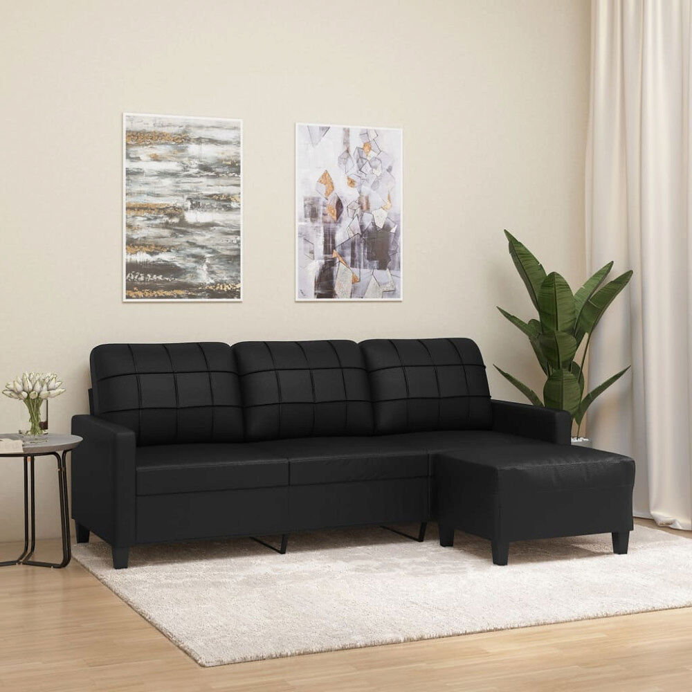 vidaXL 3-sitssoffa med fotpall Svart 180 cm Konstläder