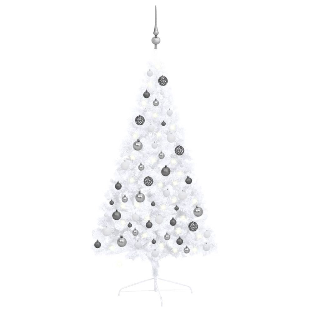 vidaXL Belyst halv plastgran med kulor vit 120 cm
