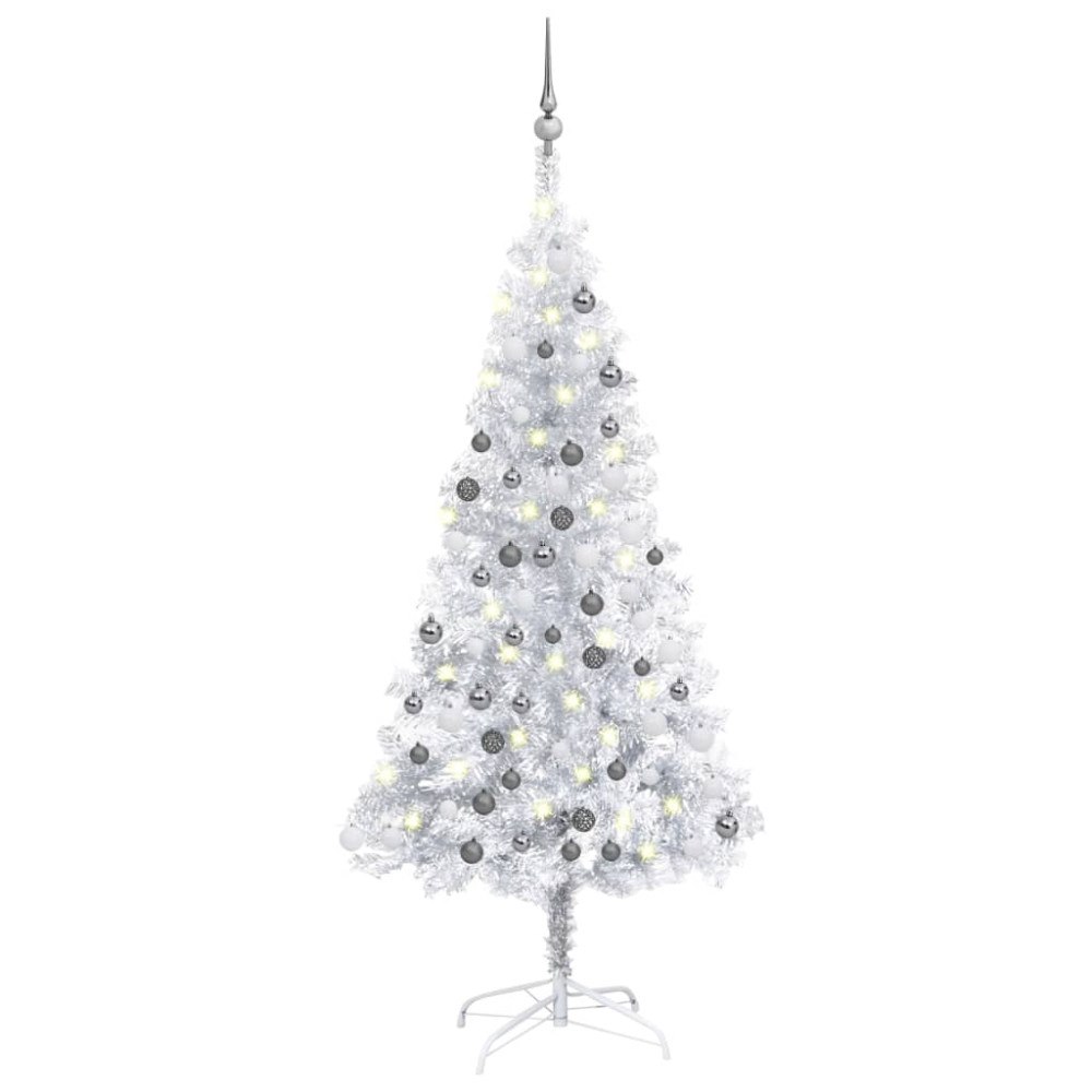 vidaXL Belyst plastgran med kulor silver 120 cm PET