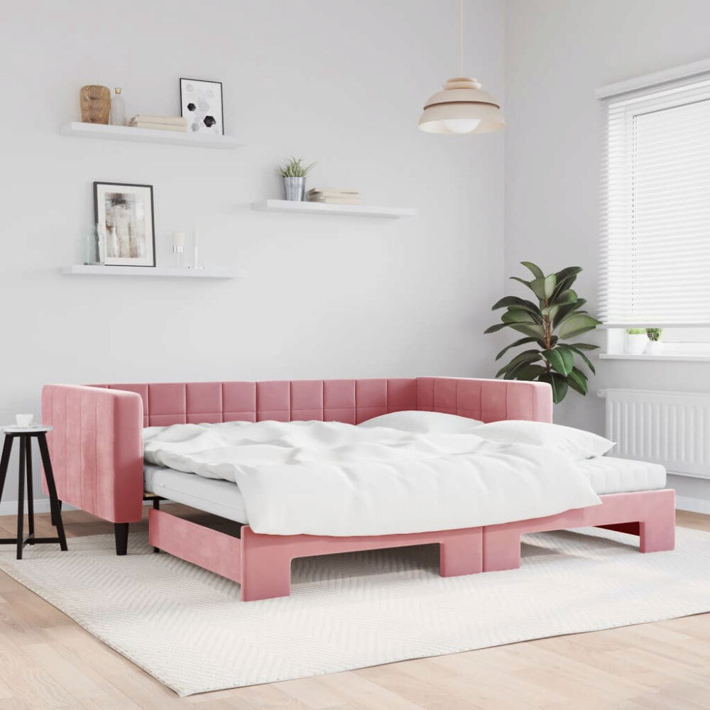 vidaXL Dagbädd utdragbar och madrasser rosa 100x200 cm sammet