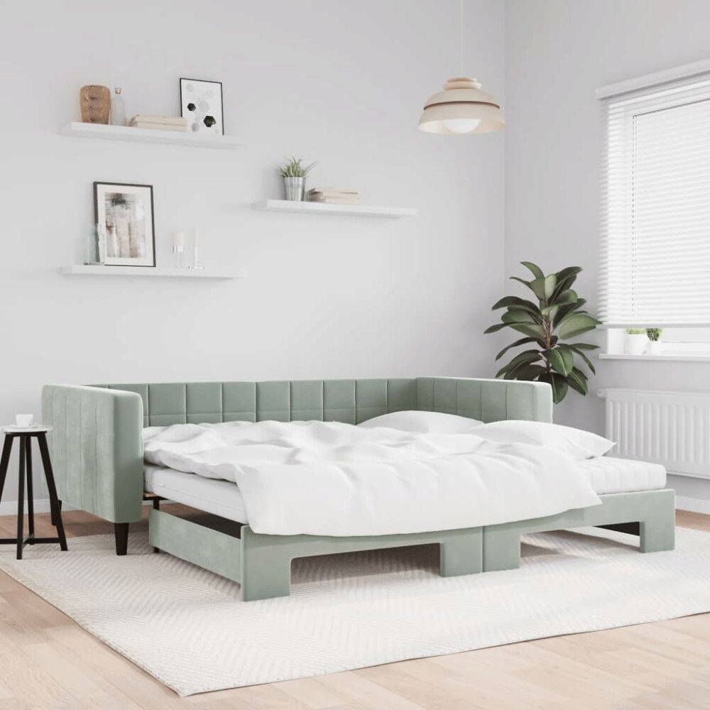 vidaXL Dagbädd utdragbar och madrasser ljusgrå 100x200 cm sammet
