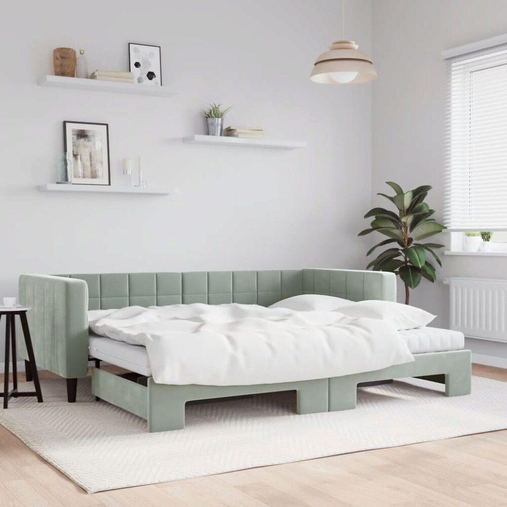 vidaXL Dagbädd utdragbar och madrasser ljusgrå 90x190 cm sammet