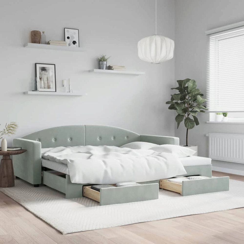 vidaXL Dagbädd utdragbar med lådor ljusgrå 90x190 cm sammet