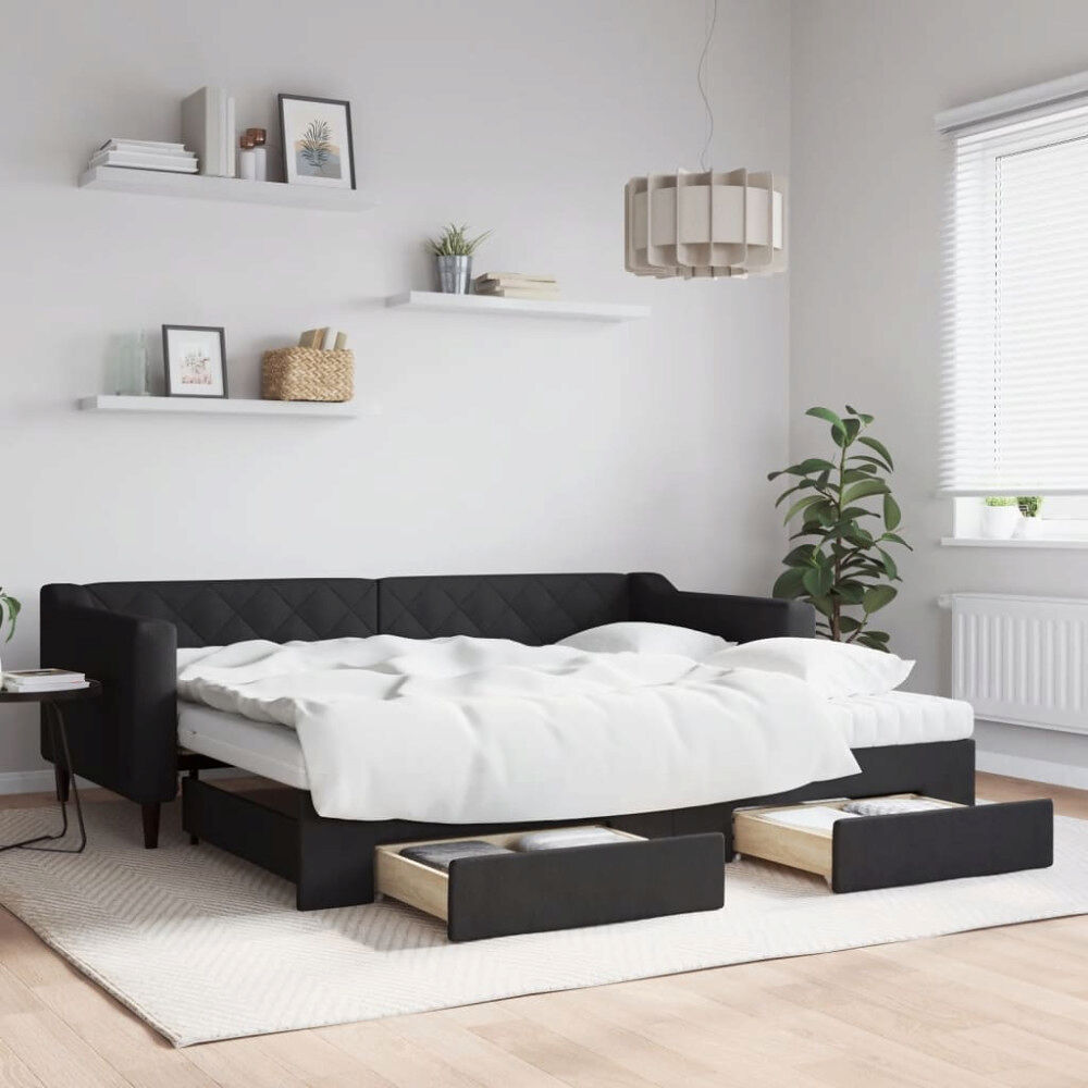 vidaXL Dagbädd utdragbar med lådor svart 90x200 cm tyg