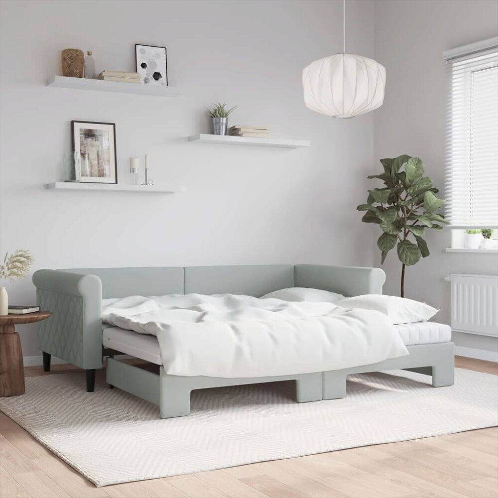 vidaXL Dagbädd utdragbar och madrasser ljusgrå 90x190 cm sammet