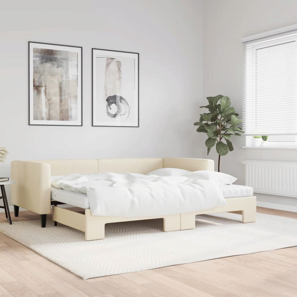 vidaXL Dagbädd utdragbar med madrasser gräddvit 90x200 cm tyg