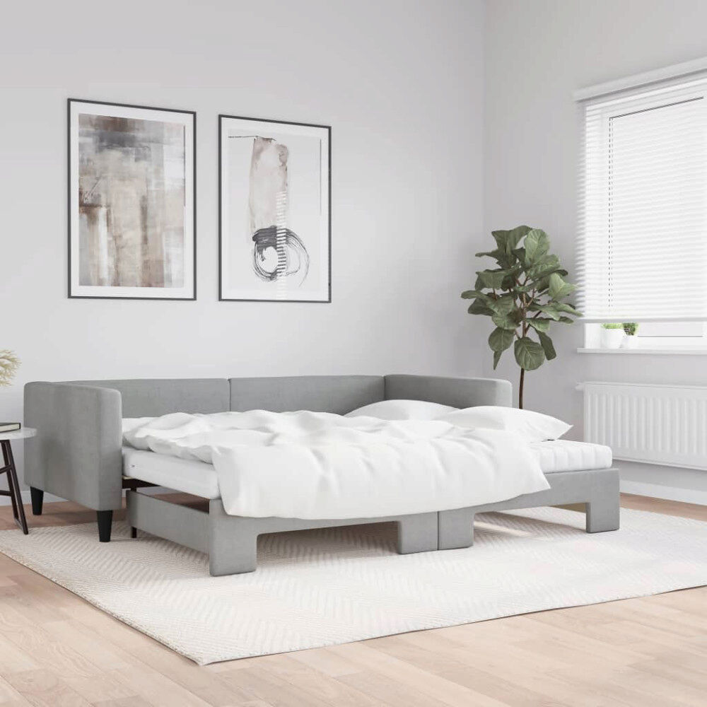 vidaXL Dagbädd med extrabädd och madrasser ljusgrå 100x200 cm tyg
