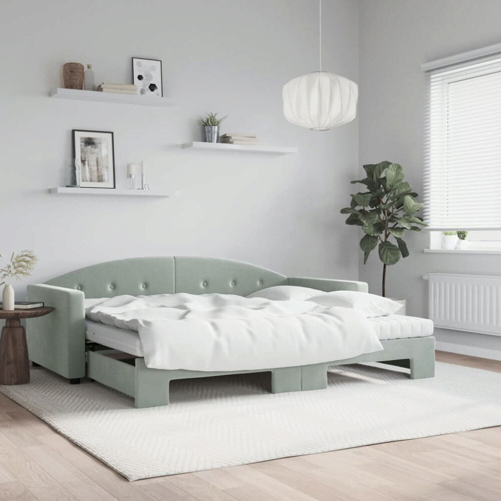 vidaXL Dagbädd utdragbar och madrasser ljusgrå 90x190 cm sammet