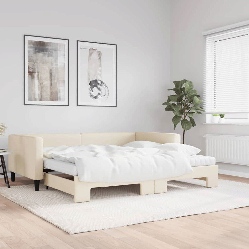 vidaXL Dagbädd med extrabädd och madrasser gräddvit 100x200 cm tyg