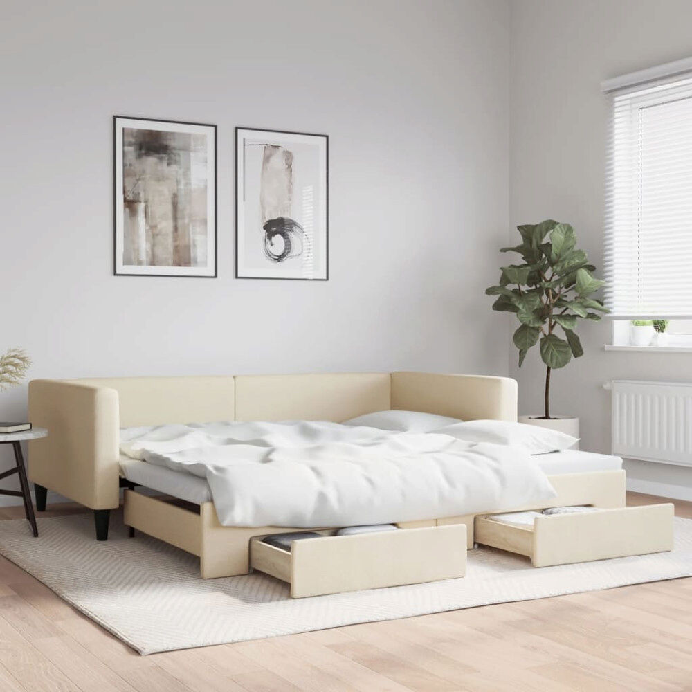 vidaXL Dagbädd utdragbar med lådor gräddvit 100x200 cm tyg
