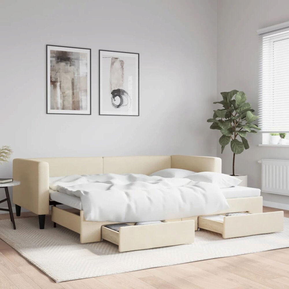 vidaXL Dagbädd utdragbar med lådor gräddvit 90x200 cm tyg