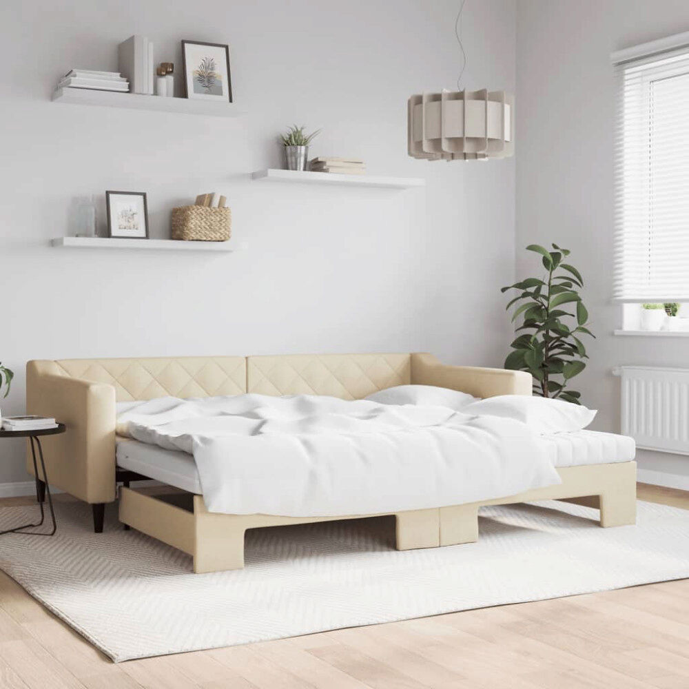 vidaXL Dagbädd utdragbar med madrasser gräddvit 90x200 cm tyg