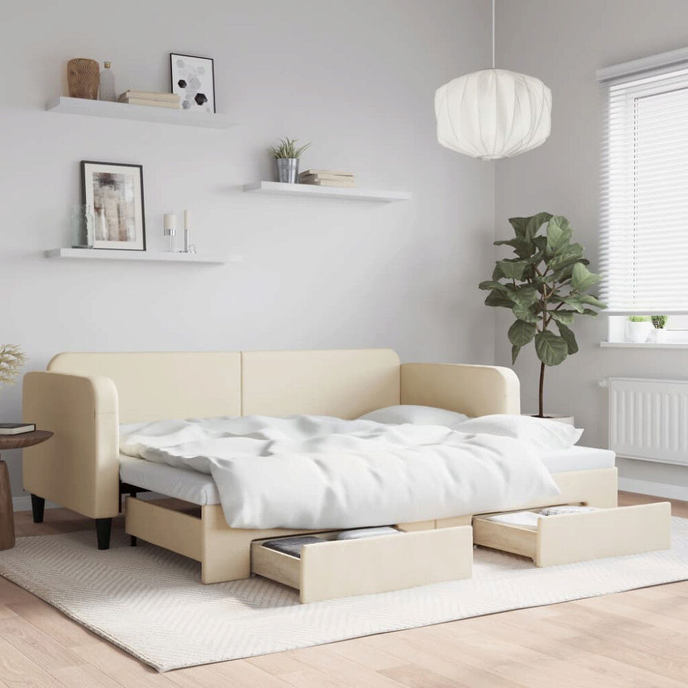 vidaXL Dagbädd utdragbar med lådor gräddvit 80x200 cm tyg
