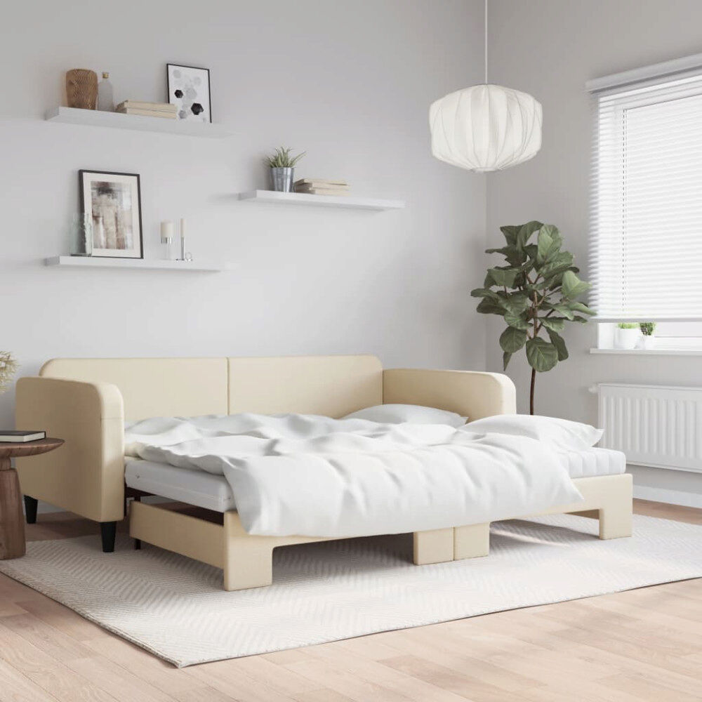 vidaXL Dagbädd med extrabädd och madrasser gräddvit 100x200 cm tyg