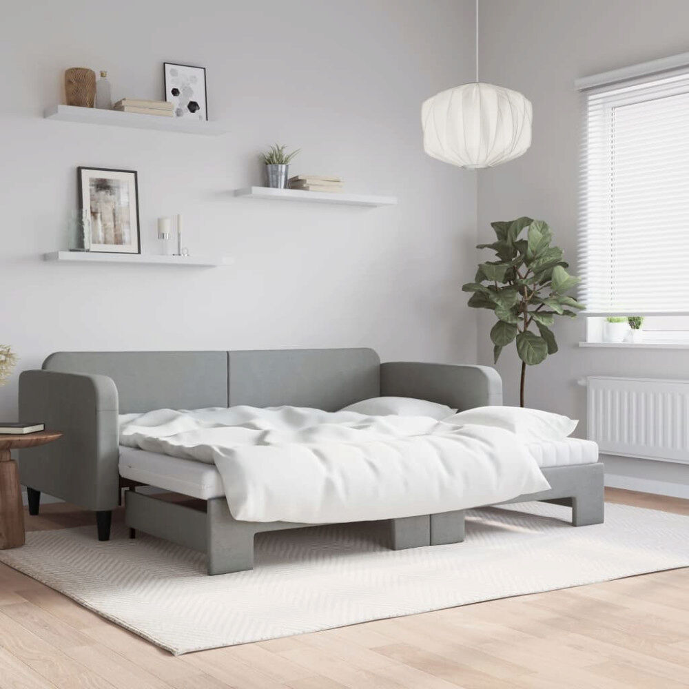 vidaXL Dagbädd utdragbar med madrasser ljusgrå 90x200 cm tyg