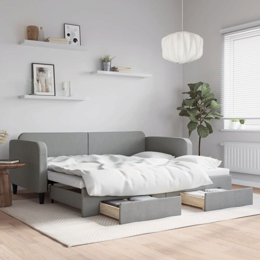 vidaXL Dagbädd utdragbar med lådor ljusgrå 90x200 cm tyg