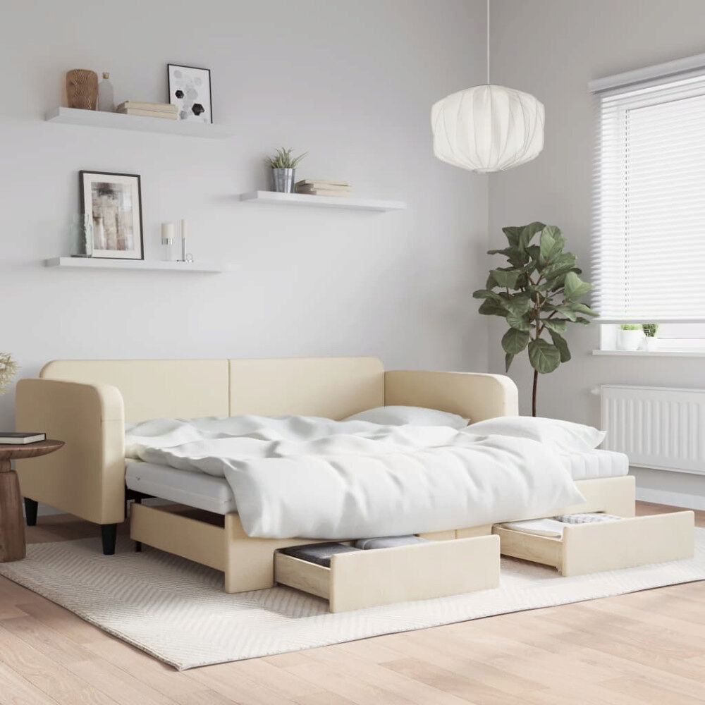 vidaXL Dagbädd utdragbar med lådor gräddvit 100x200 cm tyg