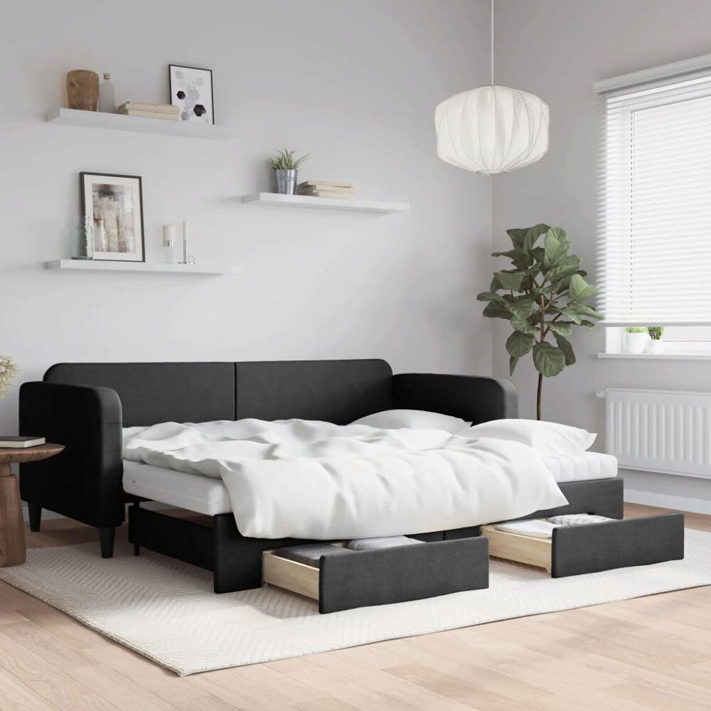vidaXL Dagbädd utdragbar med lådor svart 90x200 cm tyg