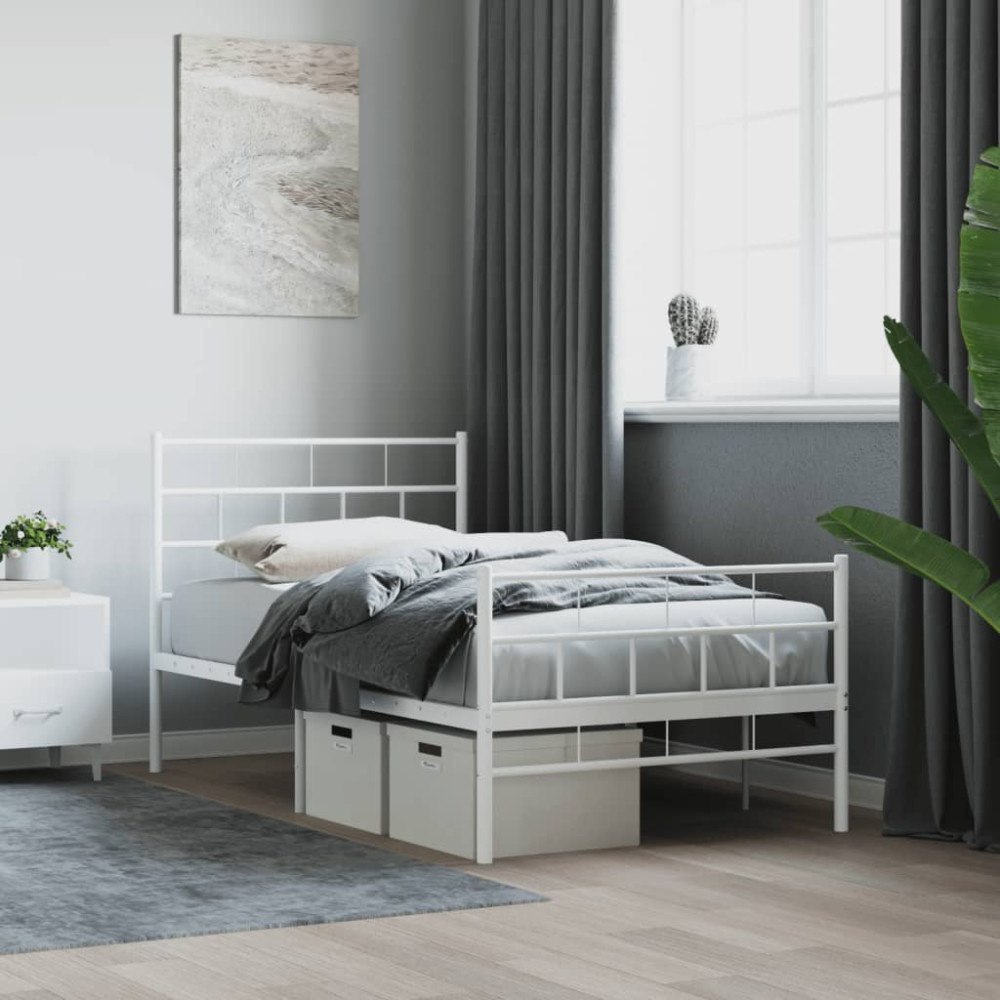 vidaXL Sängram med huvudgavel och fotgavel vit metall 90x200 cm