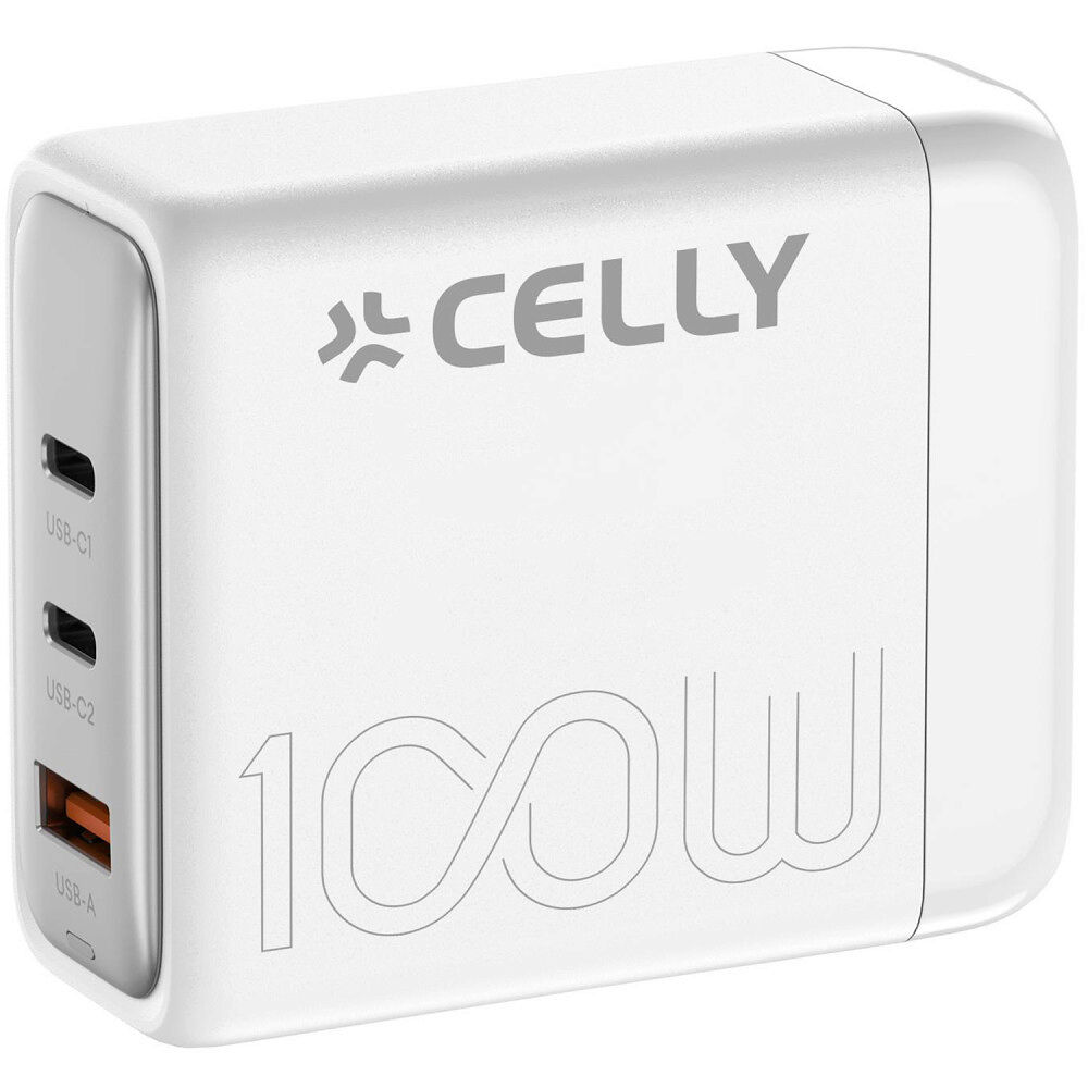 Celly Power Station 1 x USB-A + 2 x USB-C PD 100W GaN Vit