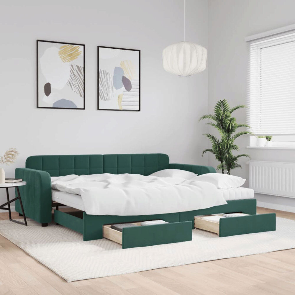 vidaXL Dagbädd utdragbar med lådor mörkgrön 90x200 cm sammet