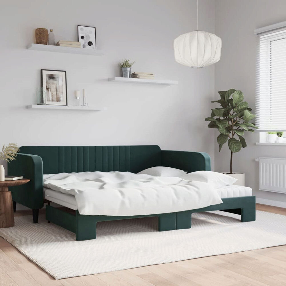 vidaXL Dagbädd utdragbar och madrasser mörkgrön 100x200 cm sammet