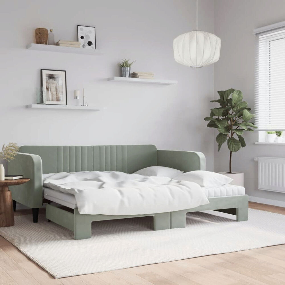 vidaXL Dagbädd utdragbar och madrasser ljusgrå 90x190 cm sammet