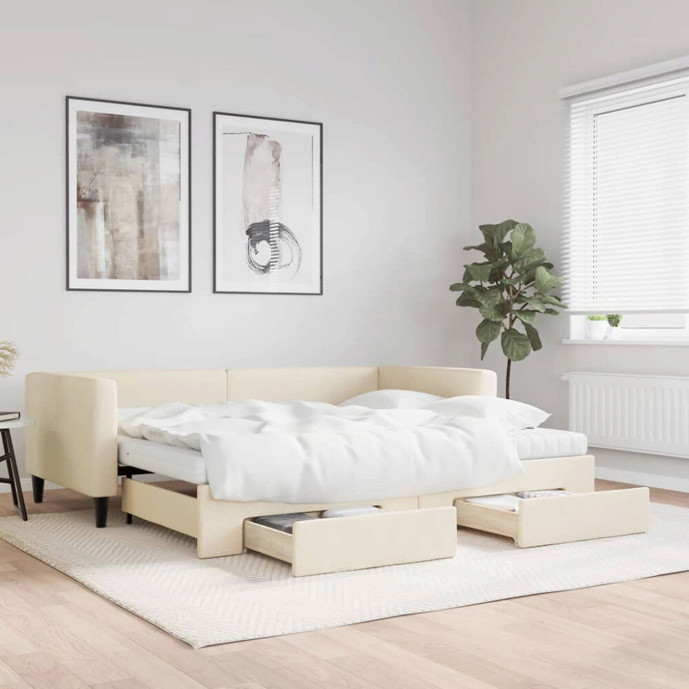 vidaXL Dagbädd utdragbar med lådor gräddvit 90x200 cm tyg