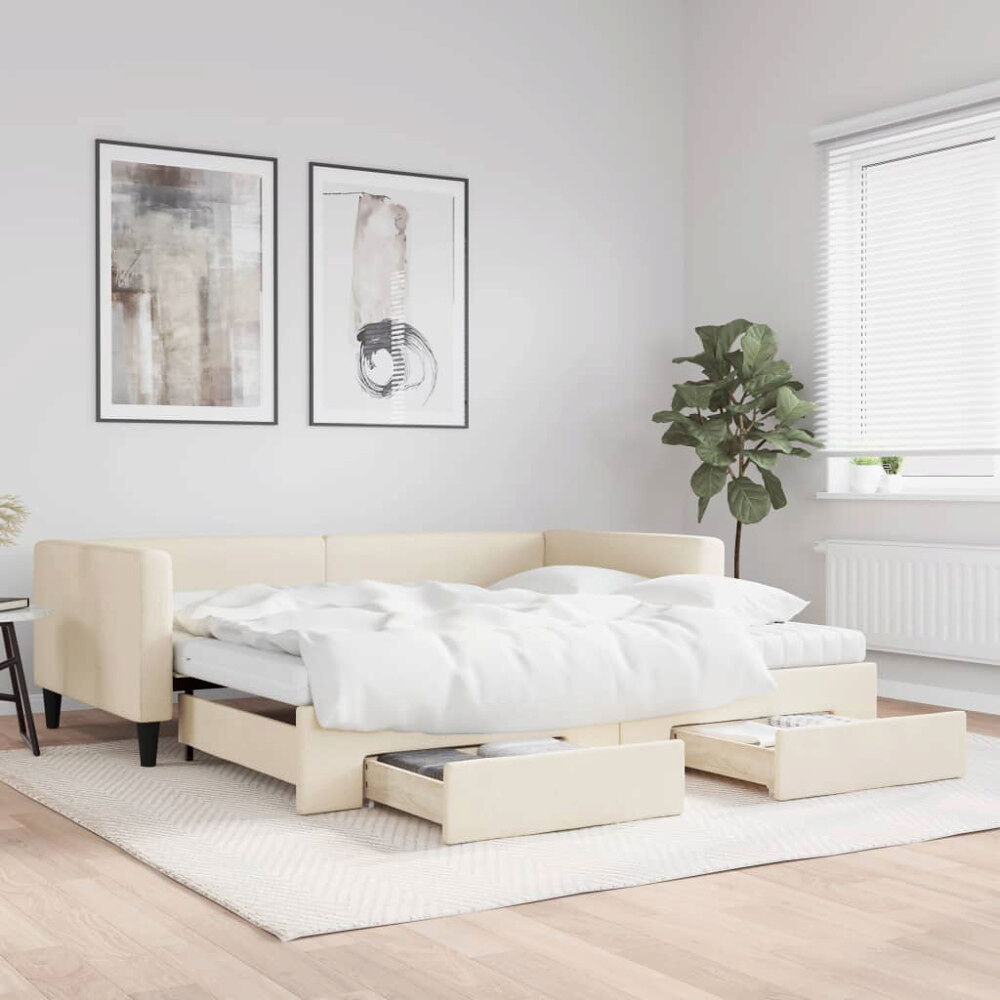 vidaXL Dagbädd utdragbar med lådor gräddvit 100x200 cm tyg