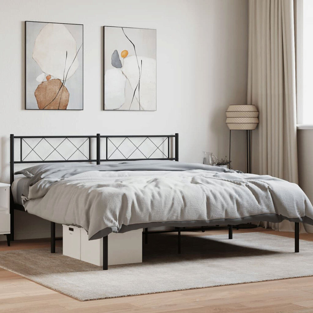 vidaXL Sängram med huvudgavel metall svart 135x190 cm