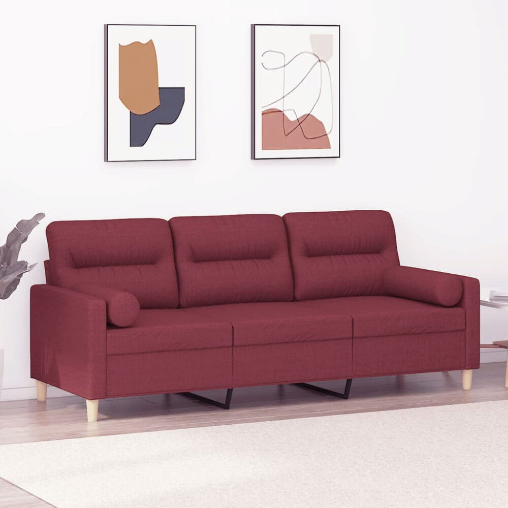 vidaXL 3-sitssoffa med prydnadskuddar vinröd 180 cm Tyg