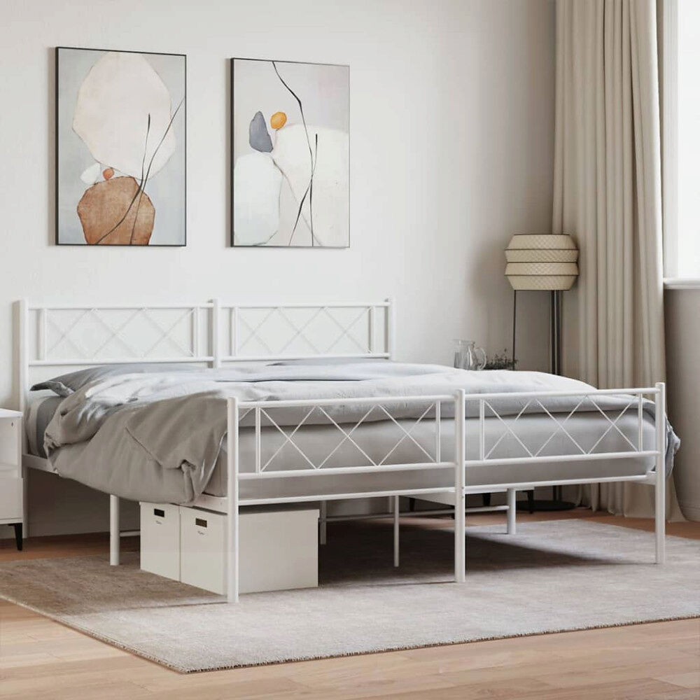 vidaXL Sängram med huvudgavel och fotgavel vit metall 135x190 cm