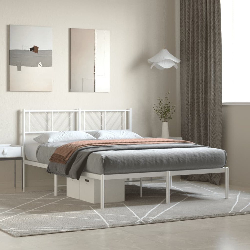 vidaXL Sängram med huvudgavel metall vit 135x190 cm