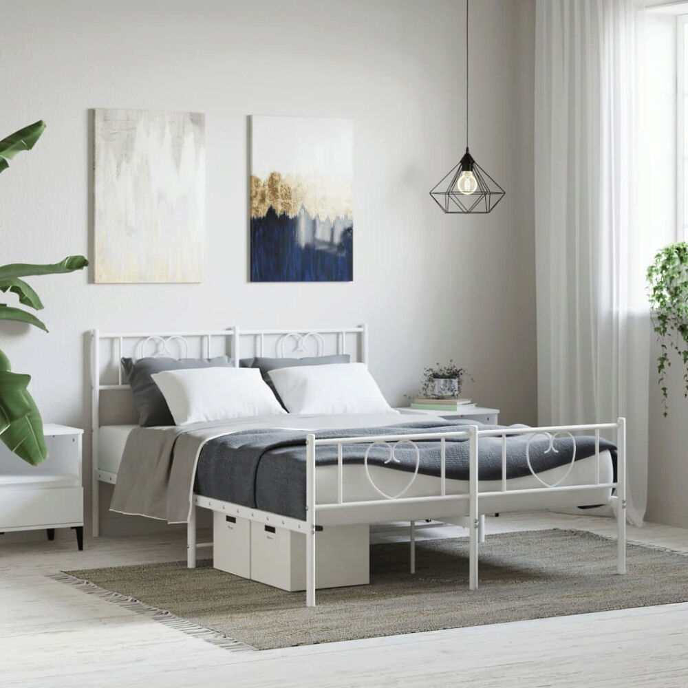 vidaXL Sängram med huvudgavel och fotgavel vit metall 160x200 cm