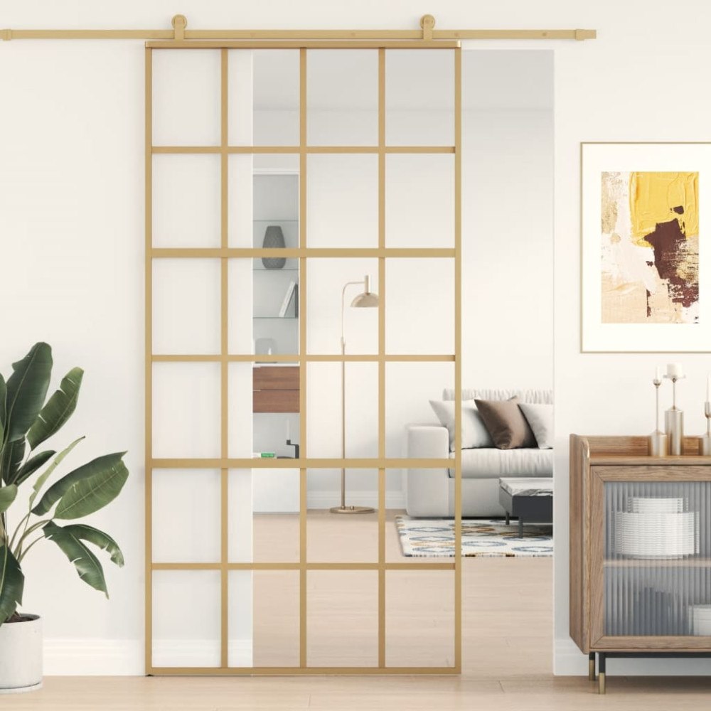 vidaXL Skjutdörr guld 102,5x205 cm klart ESG-glas och aluminium
