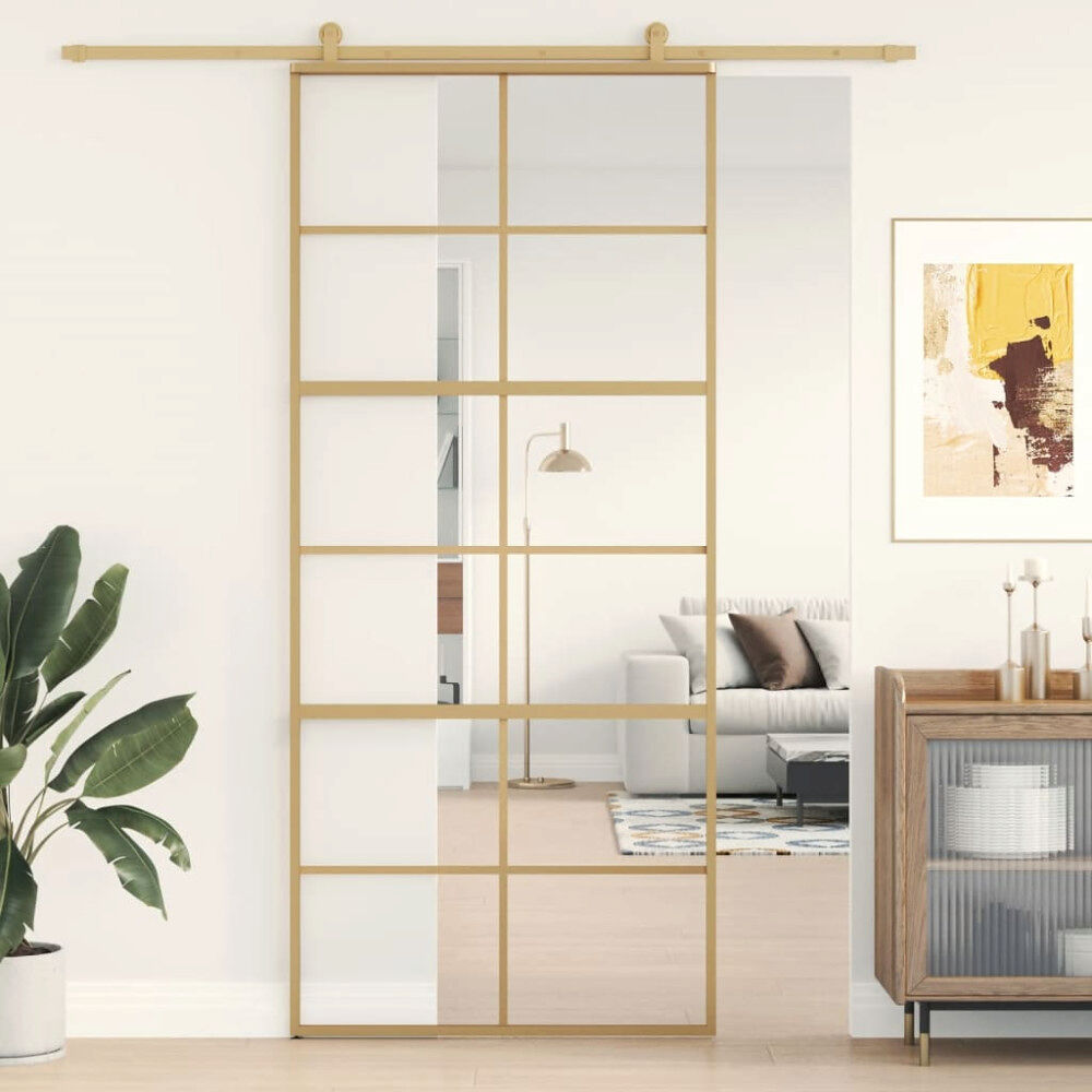 vidaXL Skjutdörr guld 90x205 cm klart ESG-glas och aluminium
