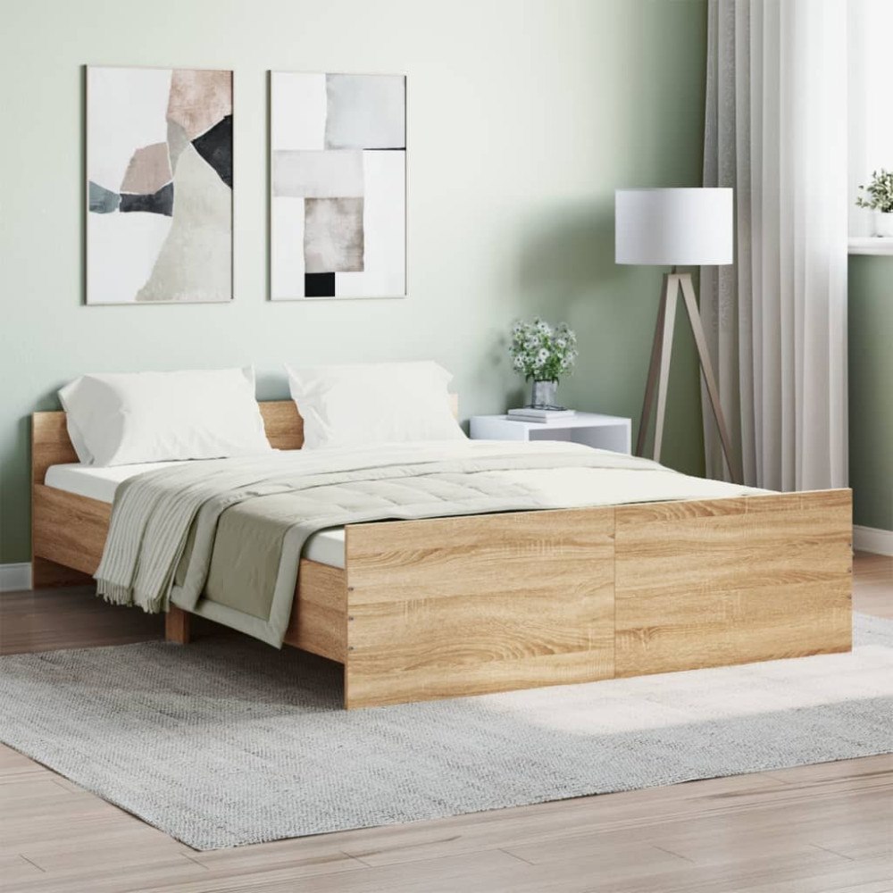 vidaXL Sängram med huvudgavel och fotgavel sonoma-ek 135x190 cm