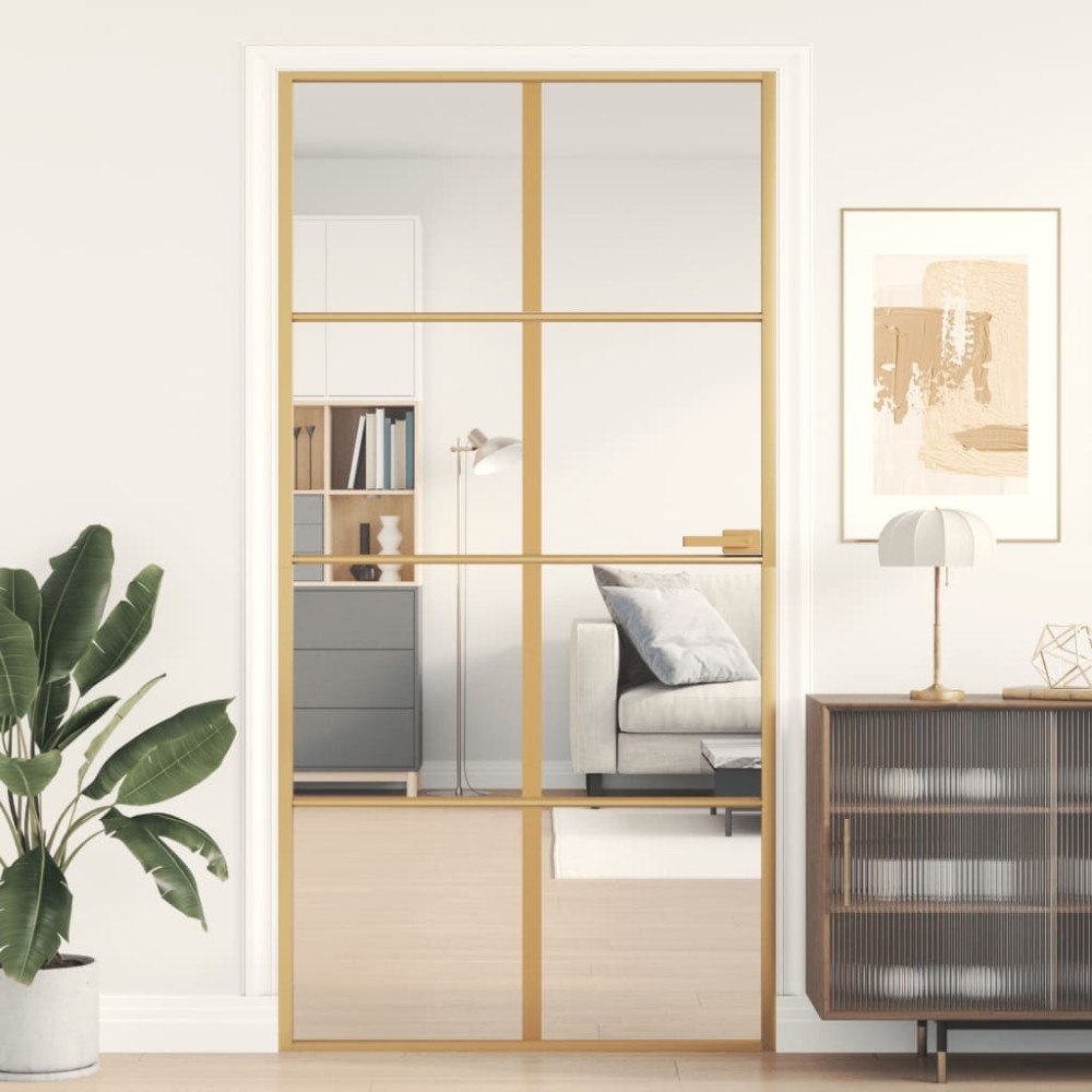 vidaXL Innerdörr guld 102,5x201,5 cm härdat glas och aluminium slim