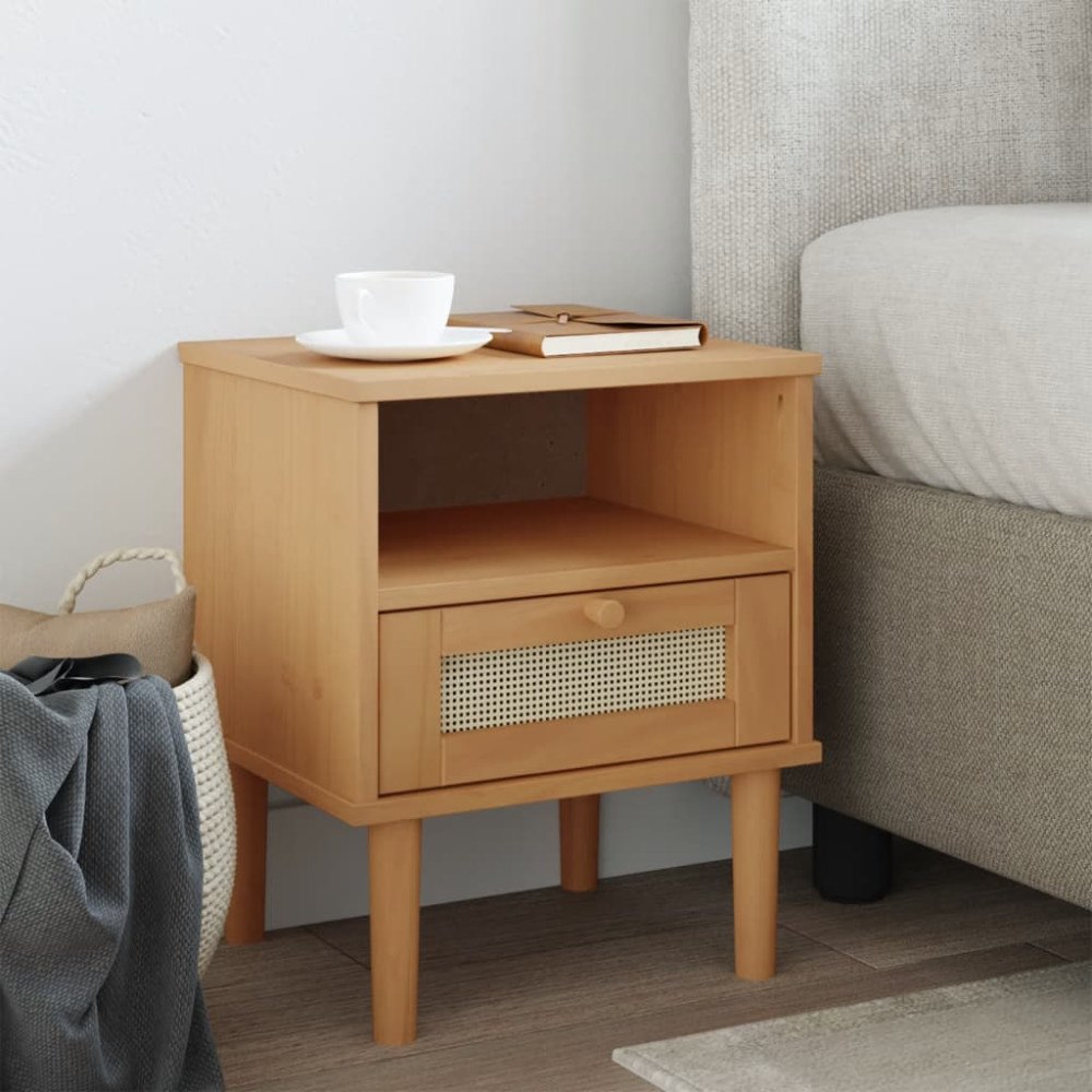vidaXL Sängbord SENJA rottinglook brun 40x35x48 cm massiv furu