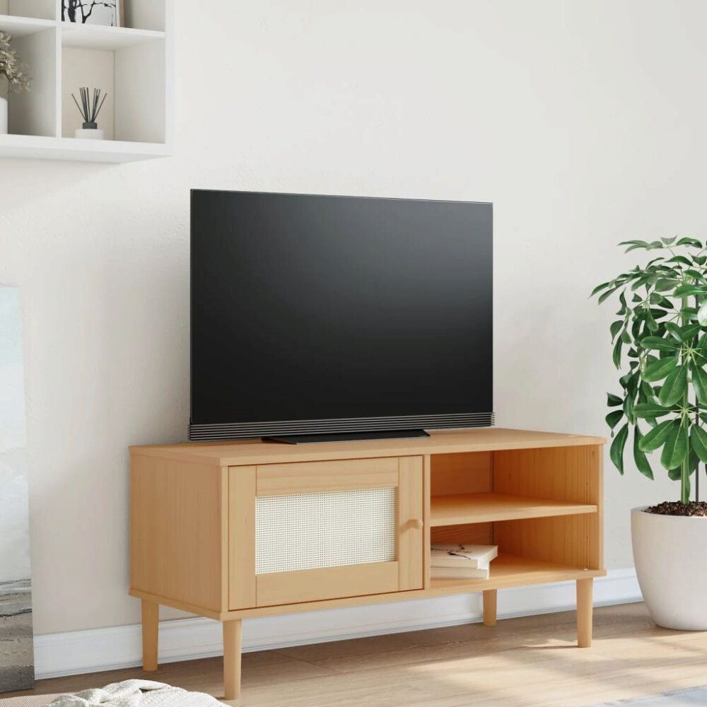 vidaXL Tv-bänk SENJA rottinglook brun 106x40x49 cm massiv furu