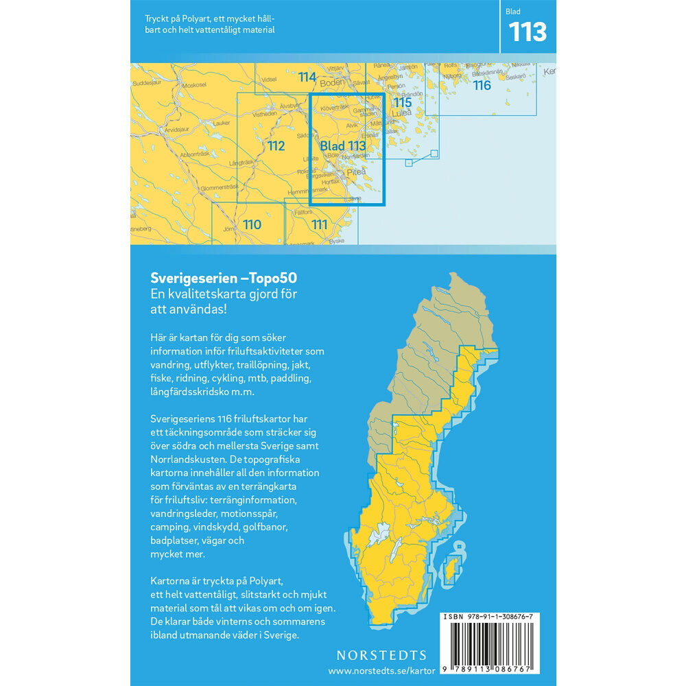 NORSTEDTS 113 Piteå Sverigeserien Topo50 : Skala 1:50 000