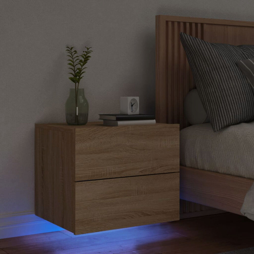 vidaXL Väggmonterat sängbord med LED-lampor sonoma-ek