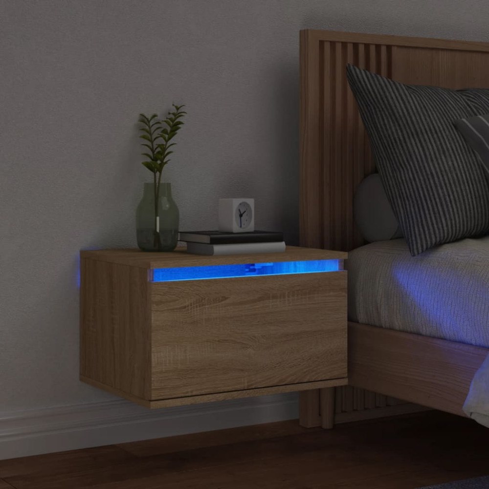 vidaXL Väggmonterat sängbord med LED-lampor sonoma-ek