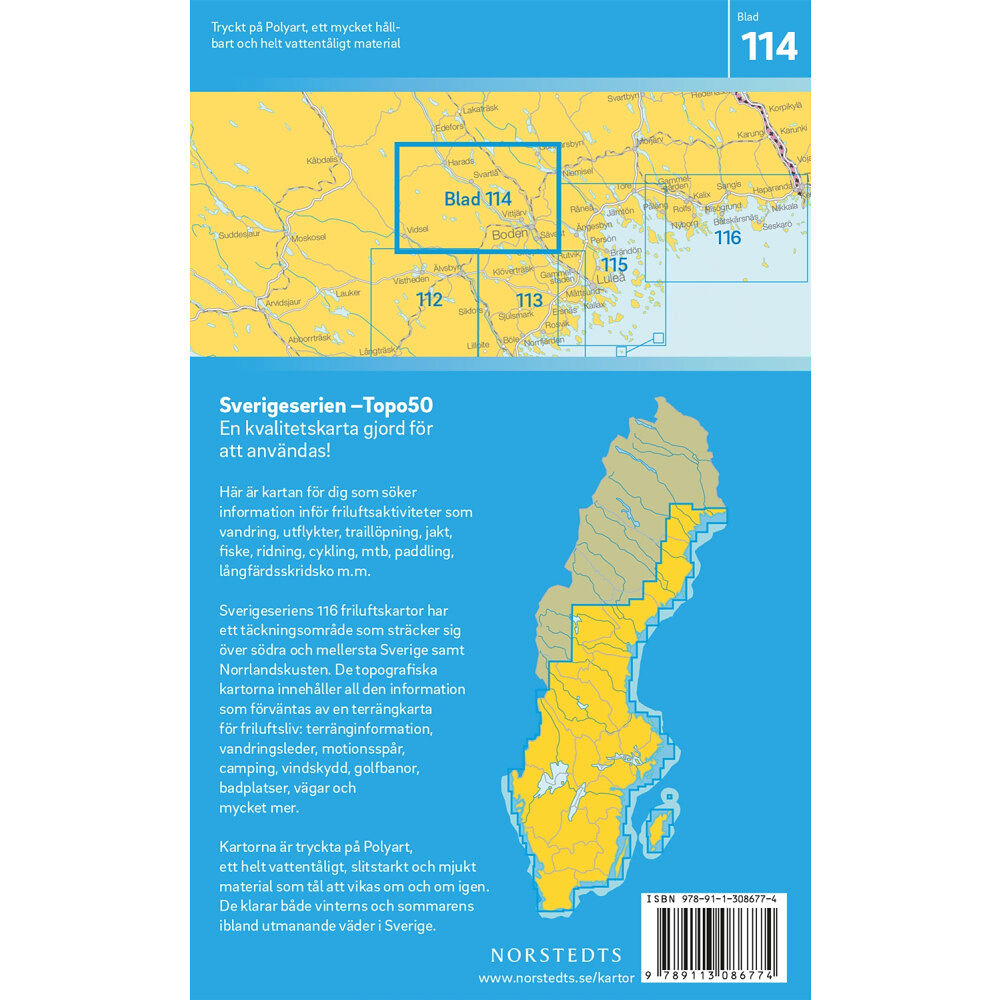 NORSTEDTS 114 Boden Sverigeserien Topo50 : Skala 1:50 000