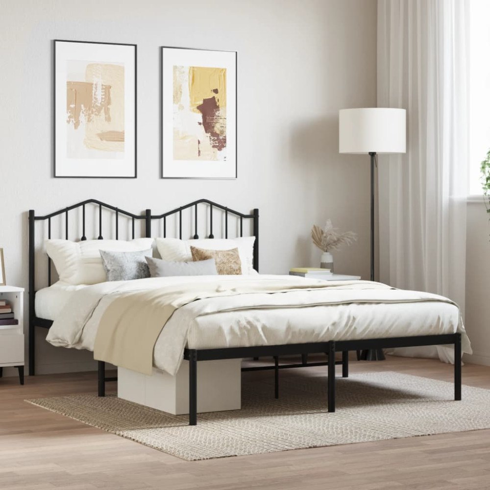 vidaXL Sängram med huvudgavel metall svart 135x190 cm