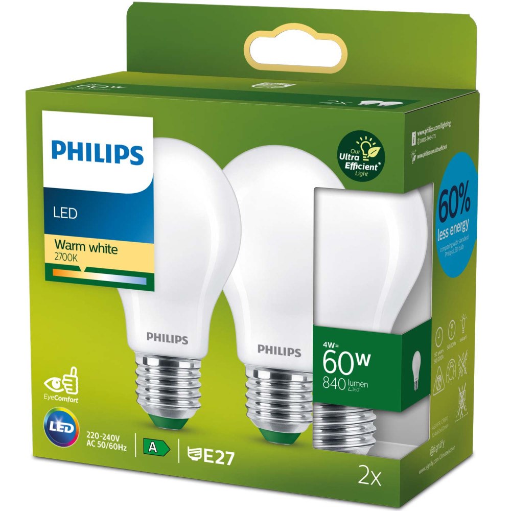 Philips 2-pack LED E27 Normal 4W (60W) Frostad 840lm 2700K Energiklass A